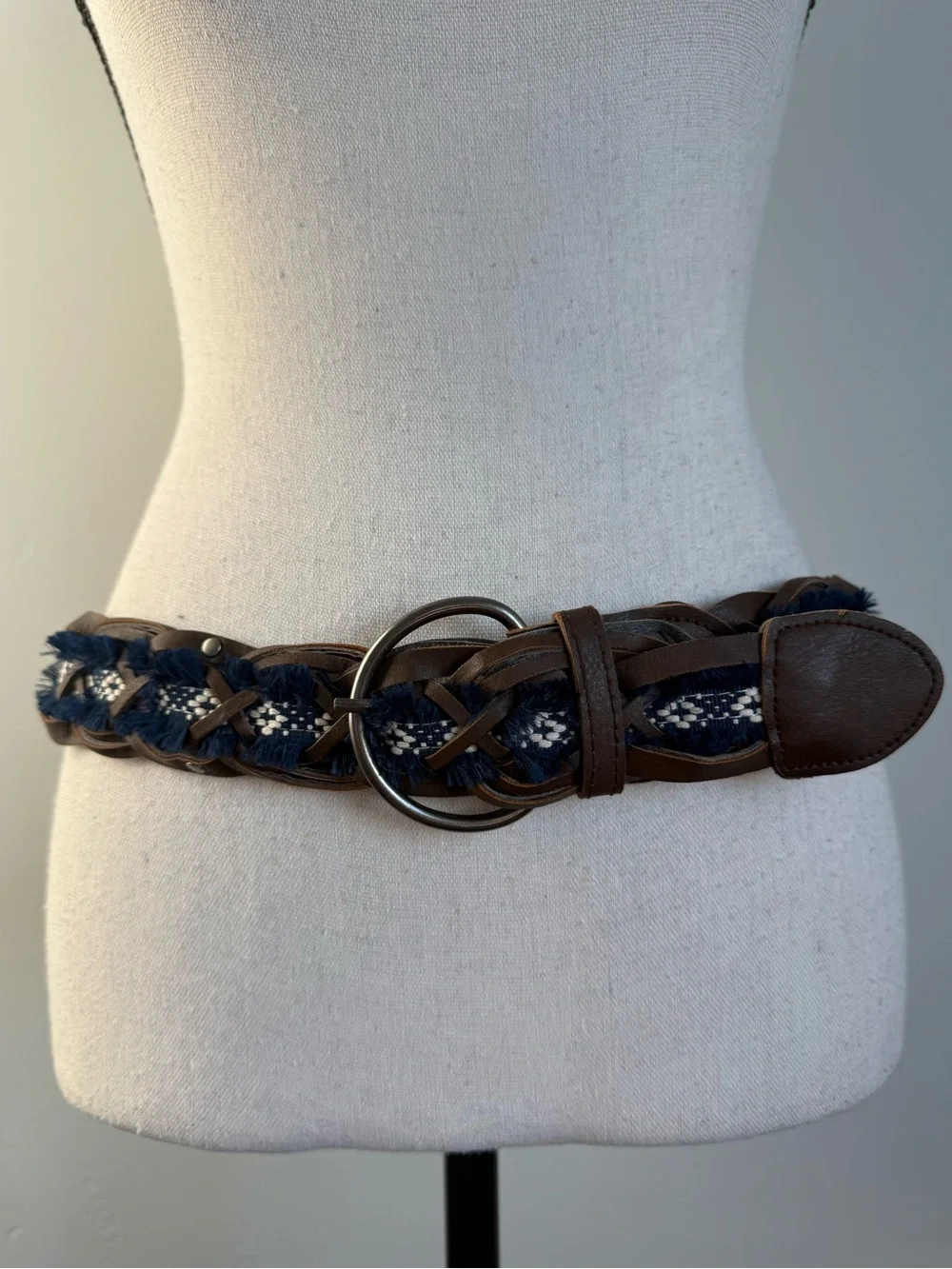Boho Braided Leather Belt Blue Fringe Woven Western Festival Waist Belt